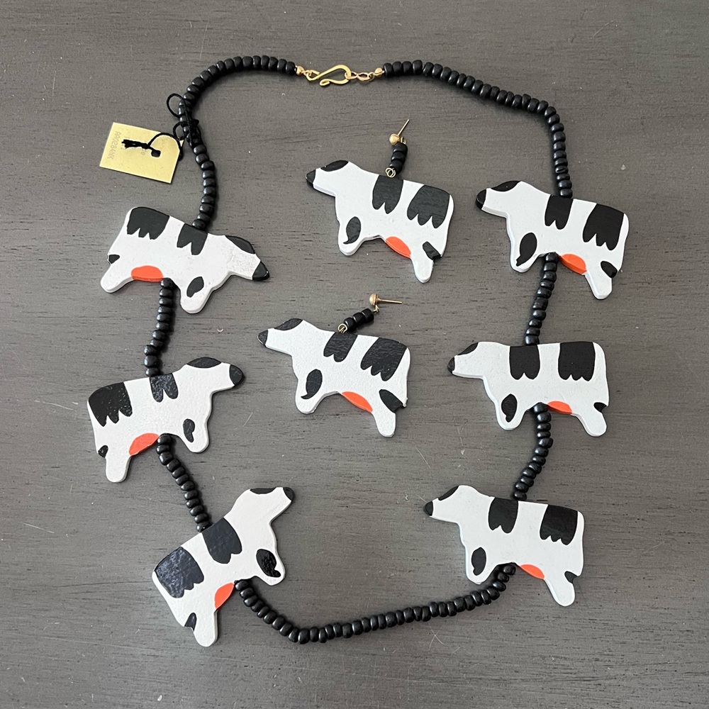 Cow Black White Cattle Wood Bead Necklace Handmade Painted Philippines + Earring